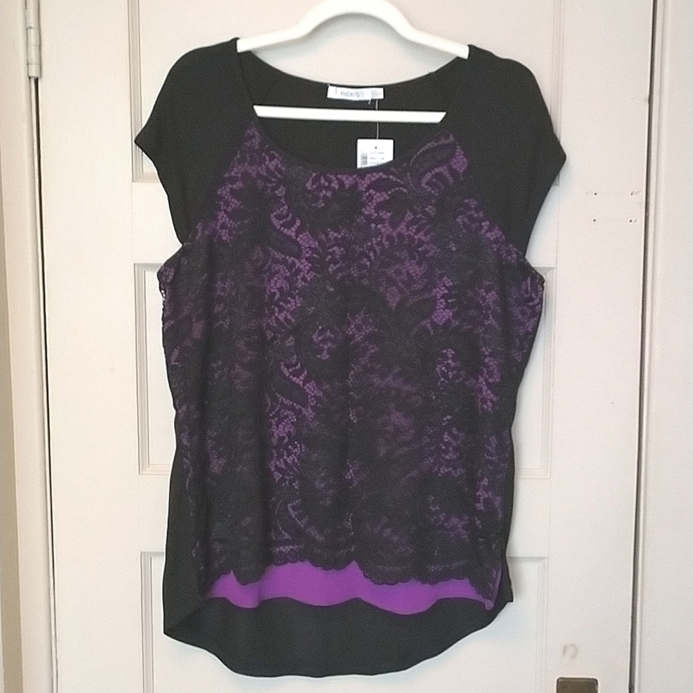 BNWT Ricki's Size L Black & Purple Top With Lace Front